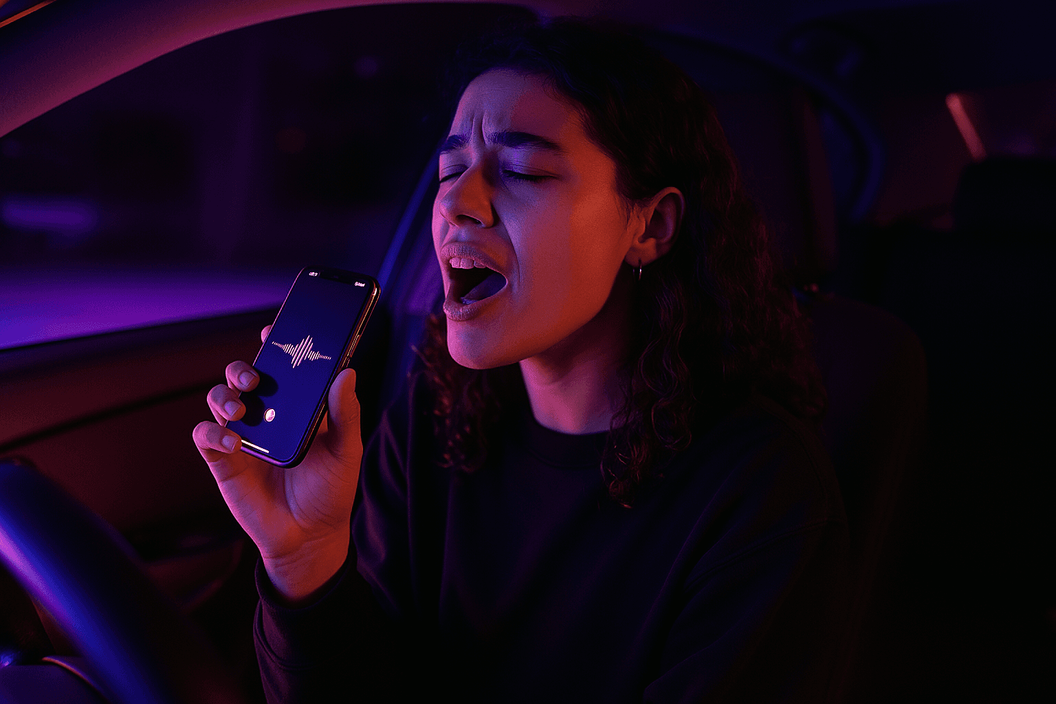 Woman singing directly into her phone mic