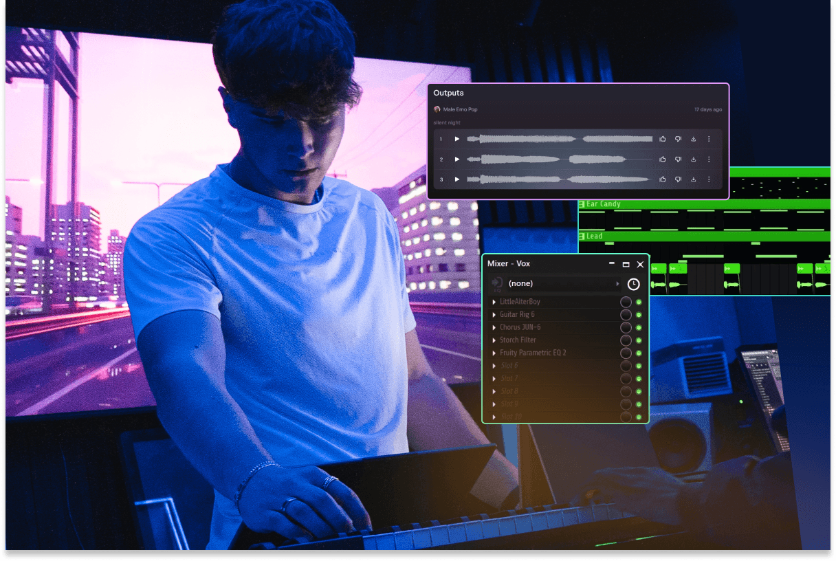 Producer and creator TRIFREEZE creating a dark beat with Kits AI music tools.
