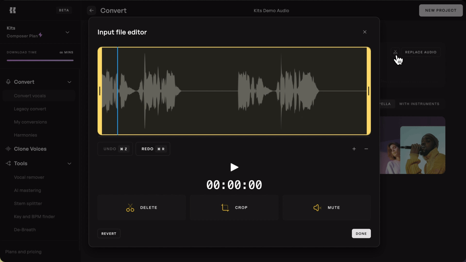 Deleting audio snippets with the Kits AI Audio Cutting Tool