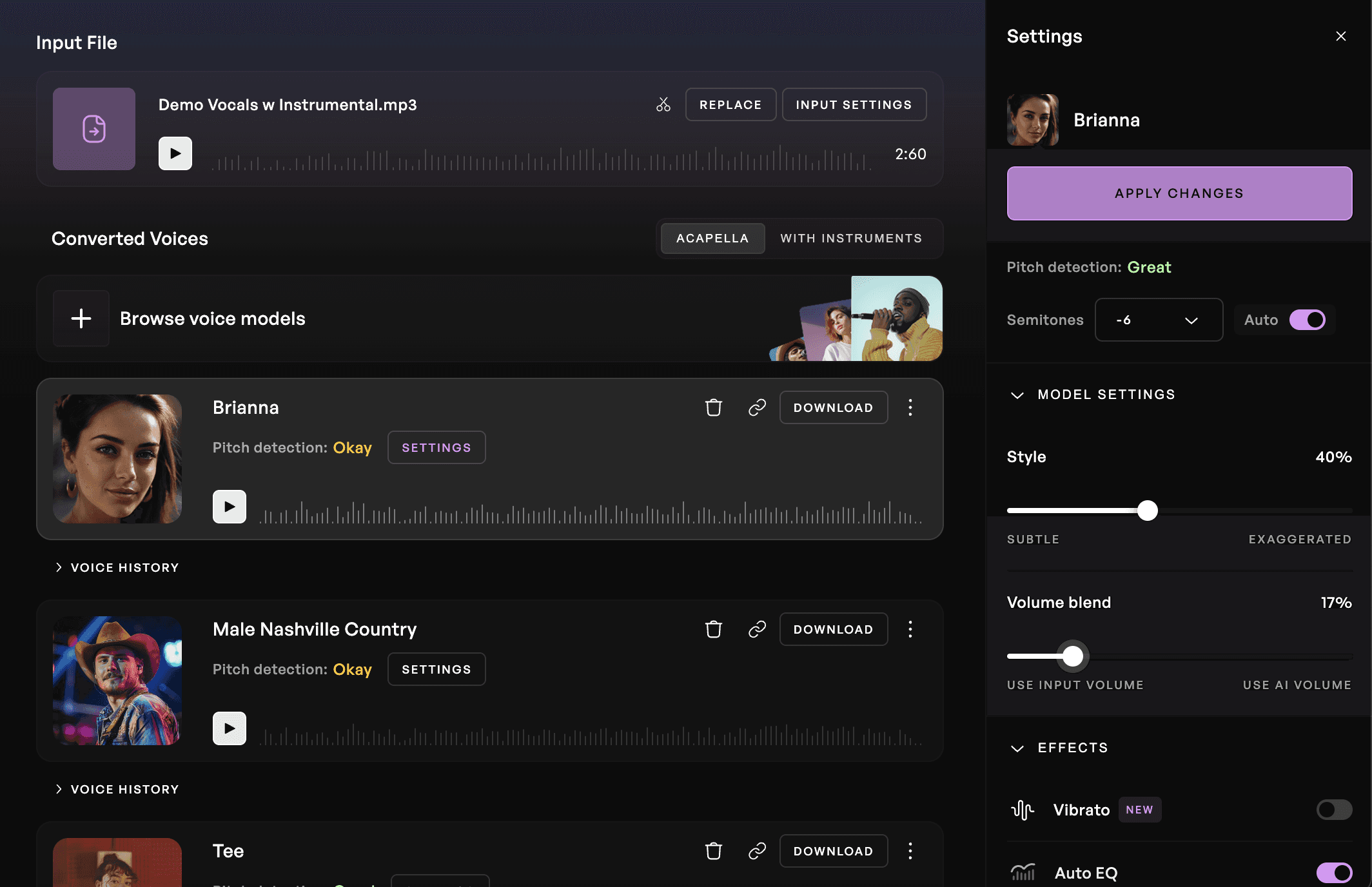 Check out your changed audio and download as needed