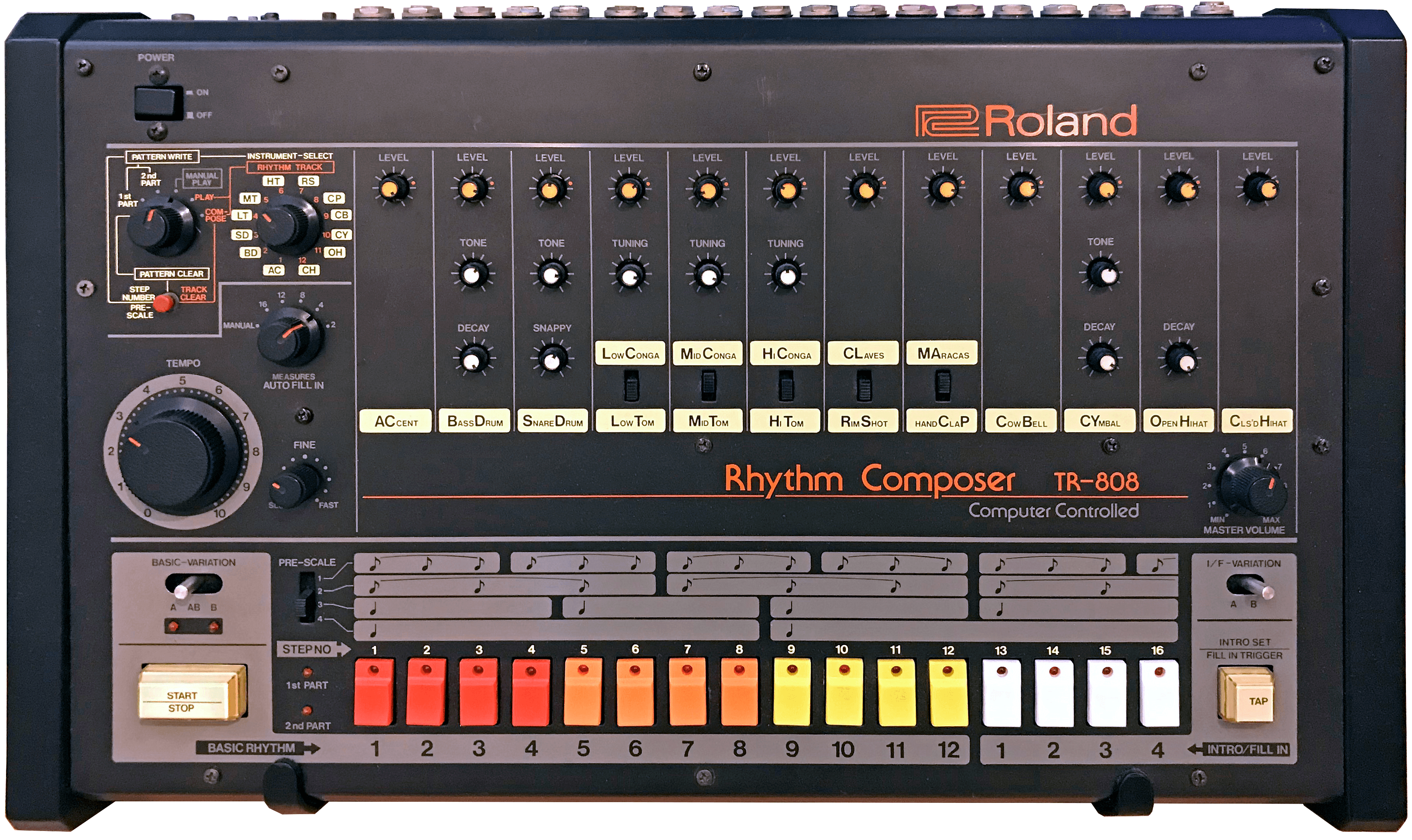 The Roland TR-808 drum machine released by Roland Corporation between 1980 and 1983