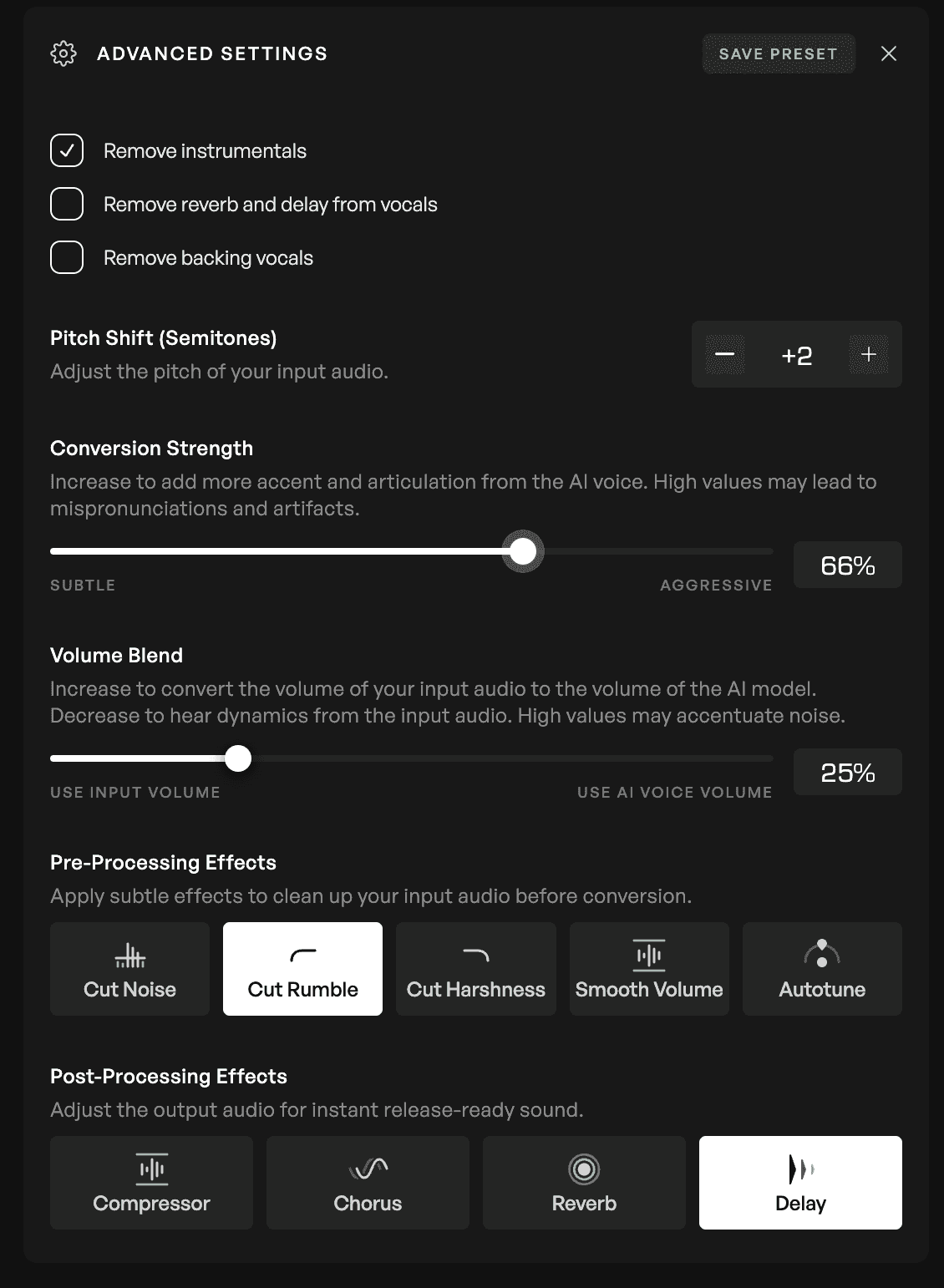 The advanced settings assortment on Kits AI