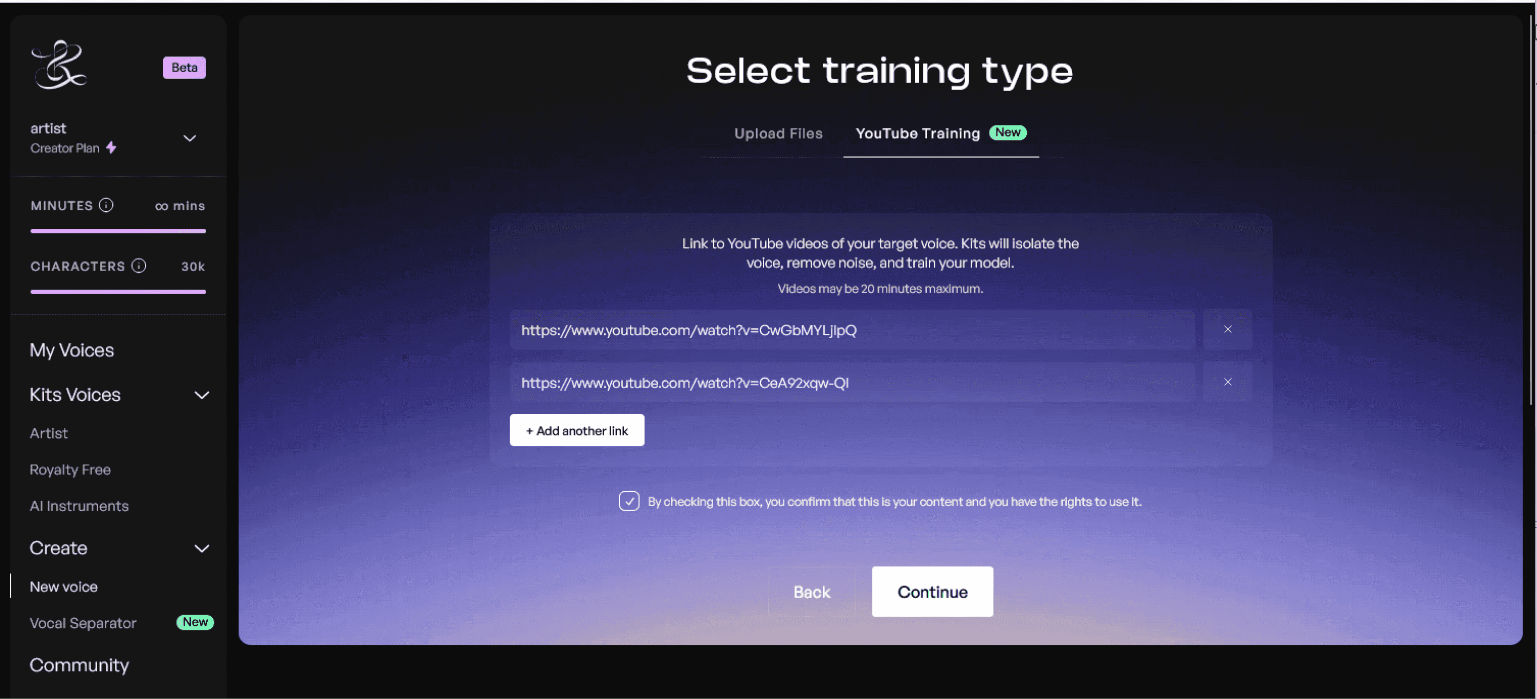 Youtube links uploaded on Kits AI training page