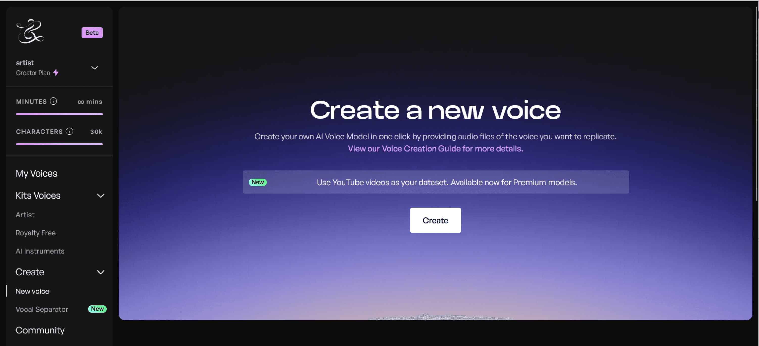 Kits AI voice training page