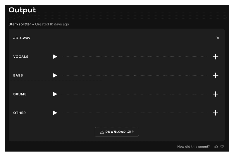 Outputs files from the Kits AI Stem Splitter tool separated into Vocals, Bass, Drums, and Other audio files.