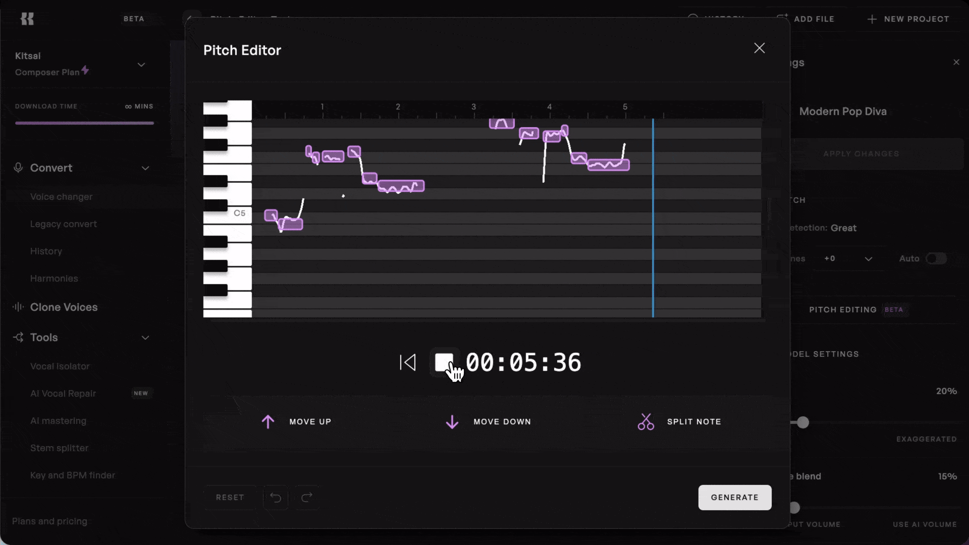 Dragging and dropping Vocal Midi Notes to correct off-key vocals