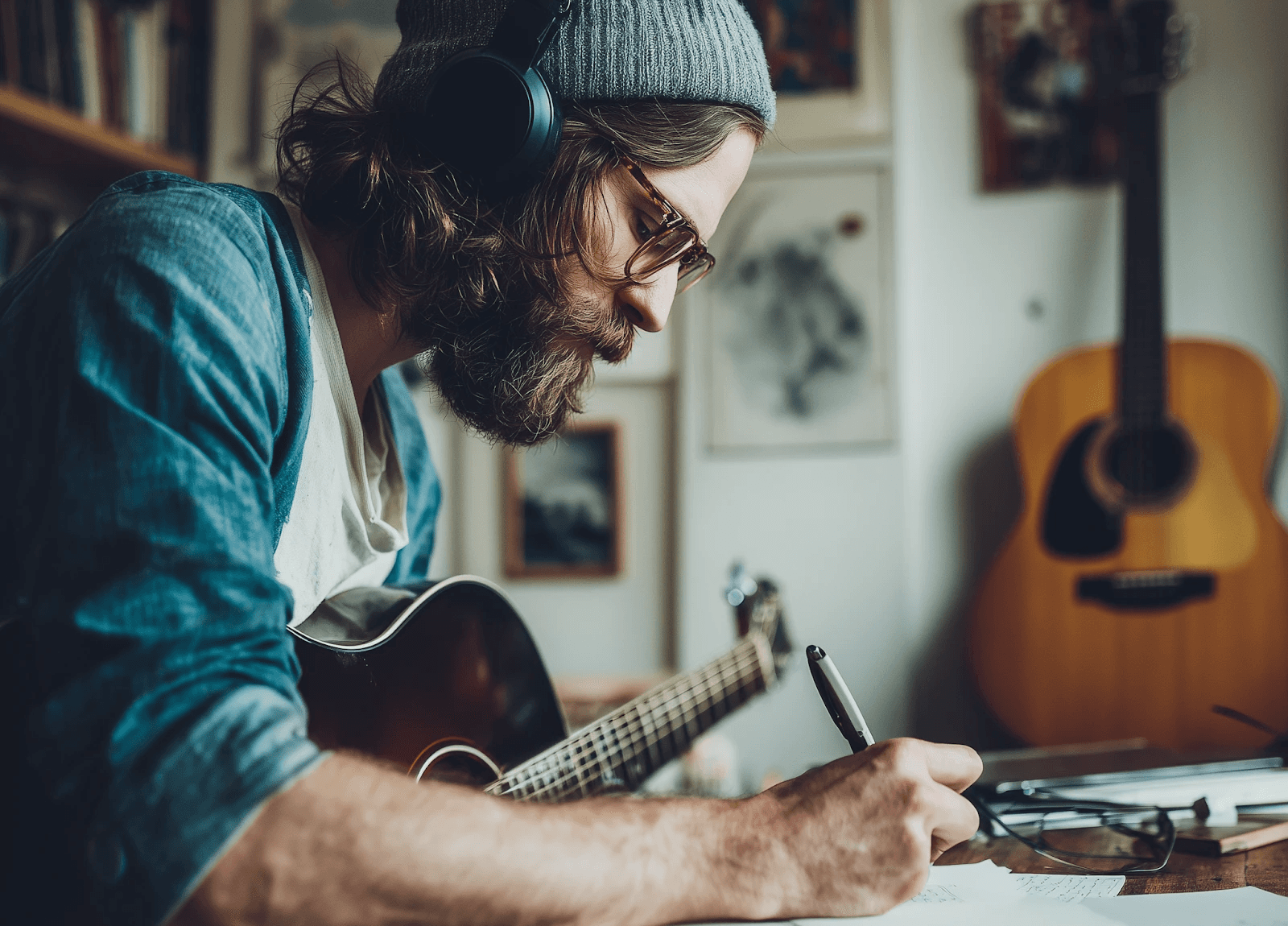 Man wearing headphones and playing an acoustic guitar songwriting