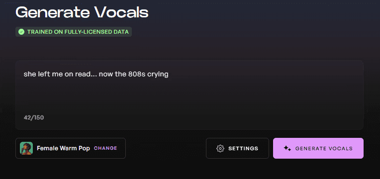 Screenshot of the Text-to-vocal generation page
