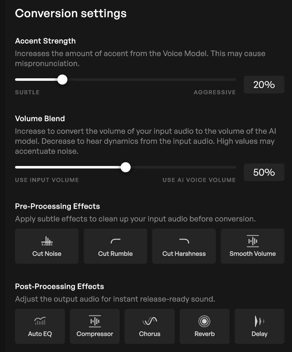 Conversion settings on Kits AI
