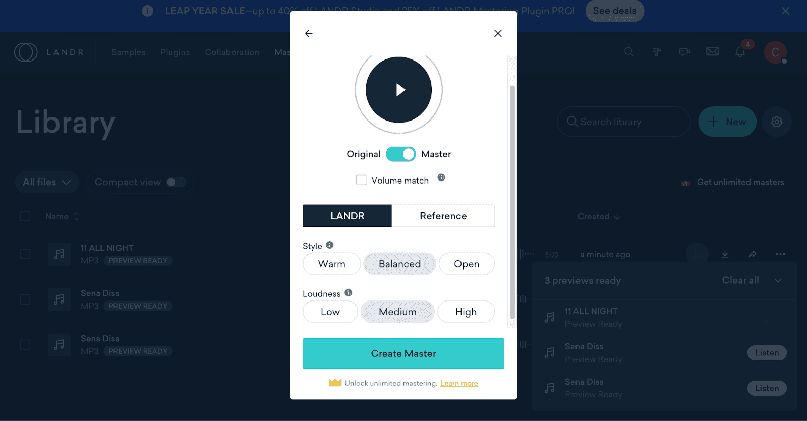 Landr mastering plugin page