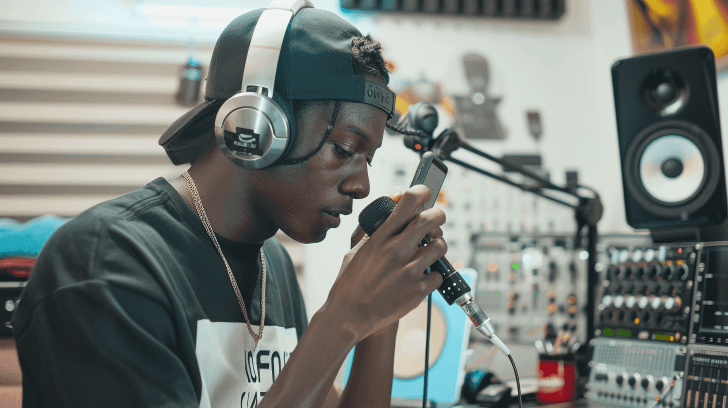 Young male in recording studio rapping into a mic