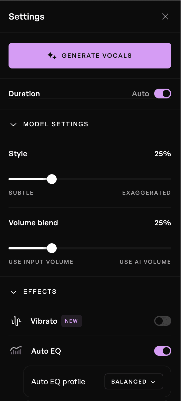The settings panel of the Kits AI Voice Generator