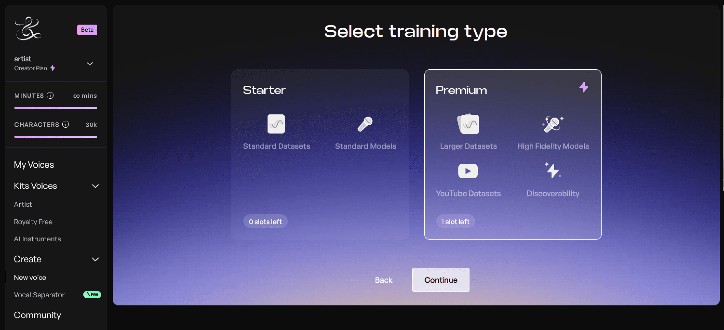 Kits training page with Premium option selected