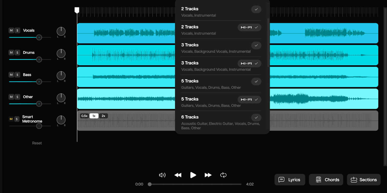 Moises AI track splitter tool