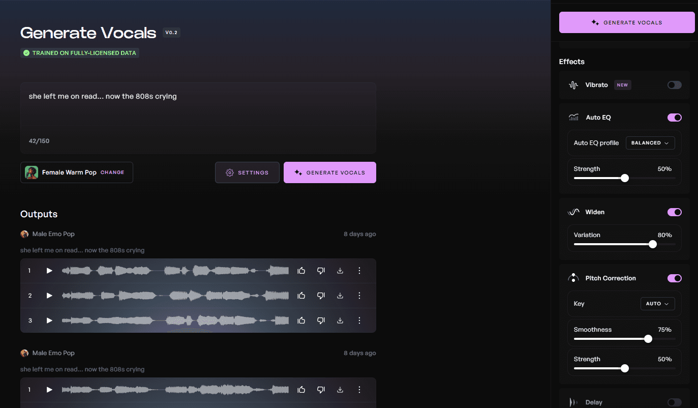 screenshot of generate vocals page with advanced setting open and multiple generations present