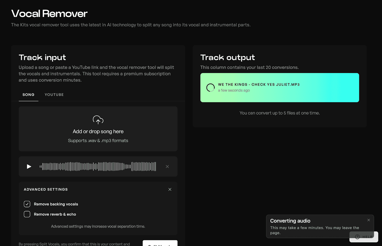 Kits AI vocal remover tool with a track being isolated