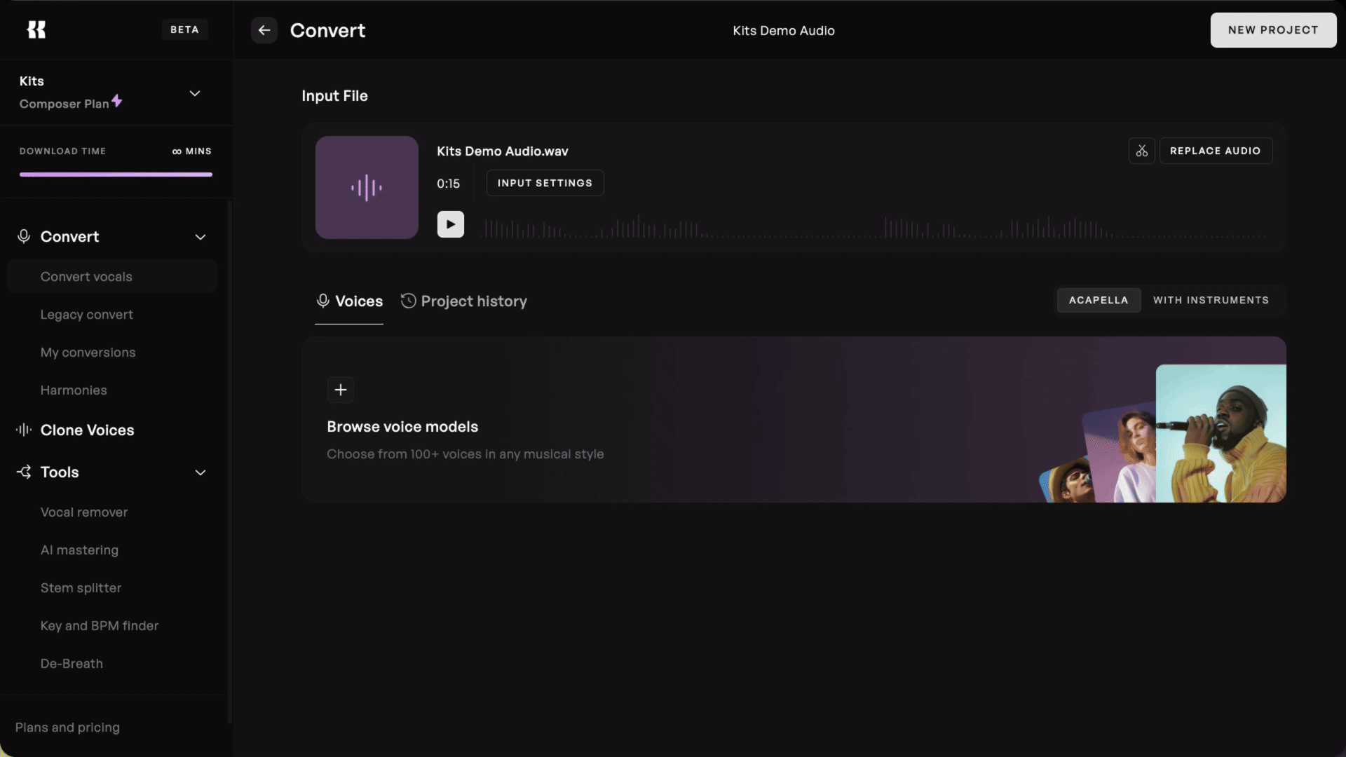 Accessing the Audio Cutting tool on Kits AI Studio interface