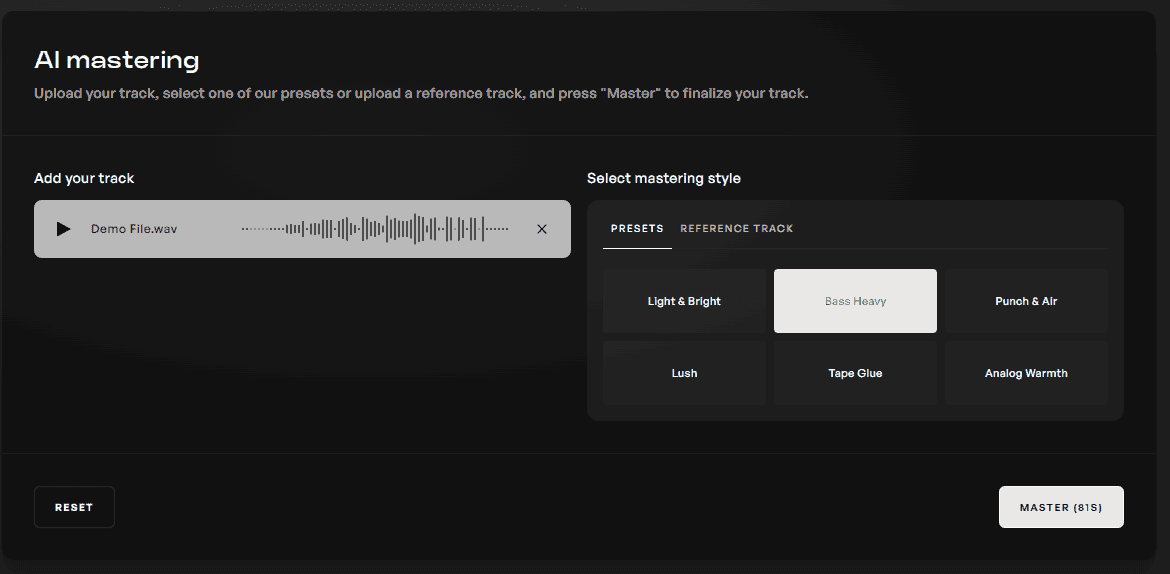 AI mastering page with the Bass Heavy preset selected