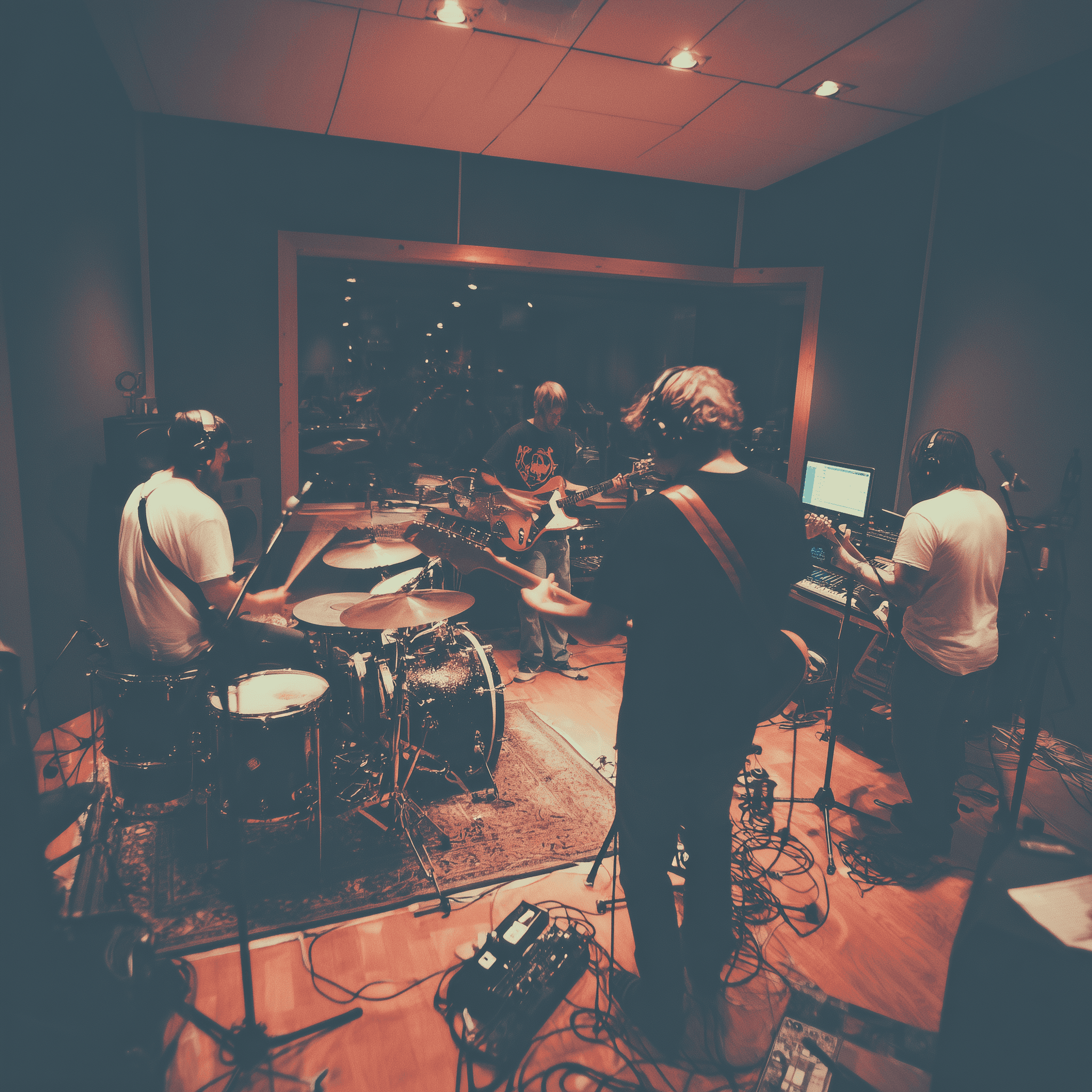 A color photo of an alternative rock band recording in the studio