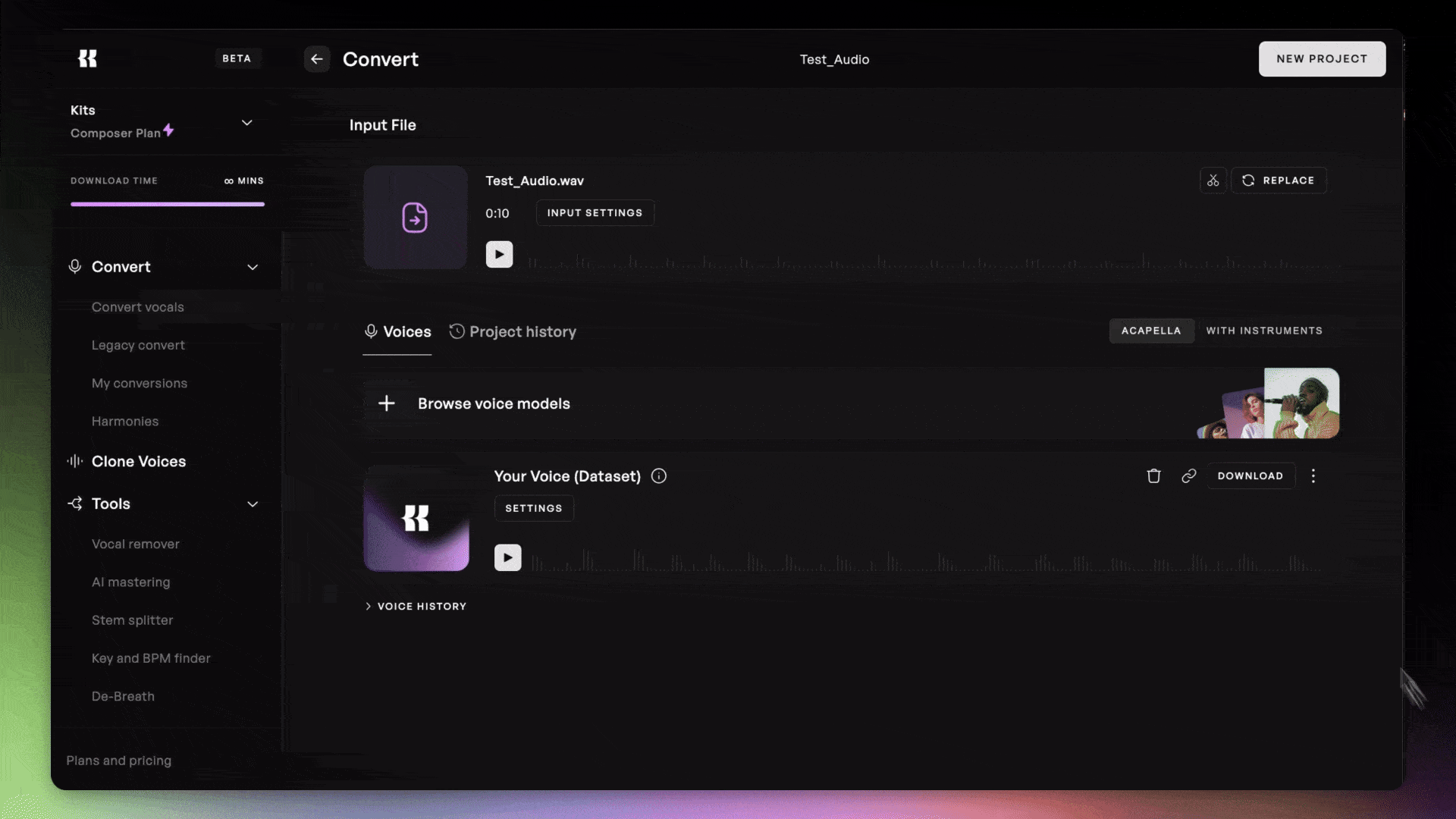 Kits Studio interface showing options to send a converted vocal directly into Harmonizer, Vocal Layering, or AI Mastering
