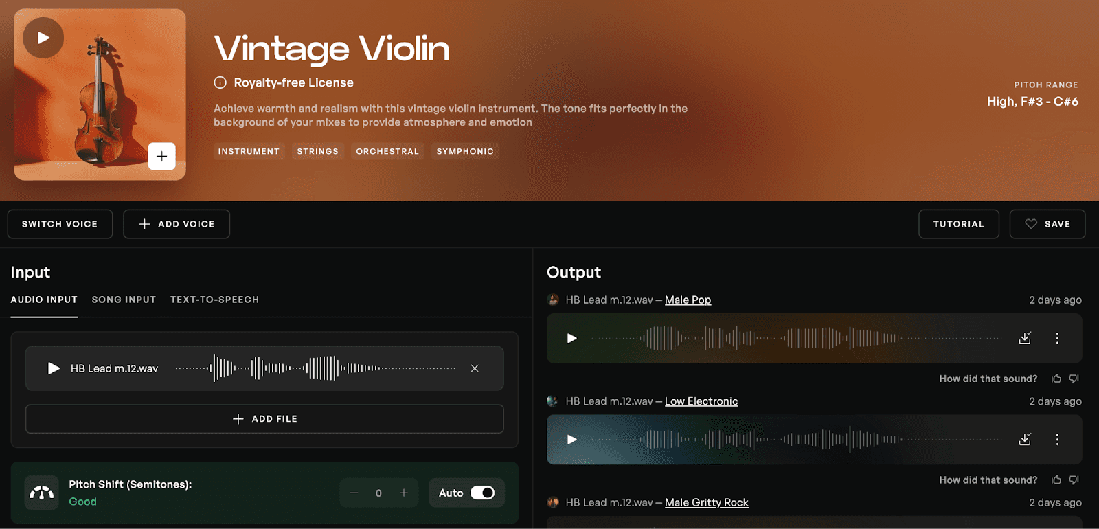 The Vintage Violin Instrument generator on Kits AI