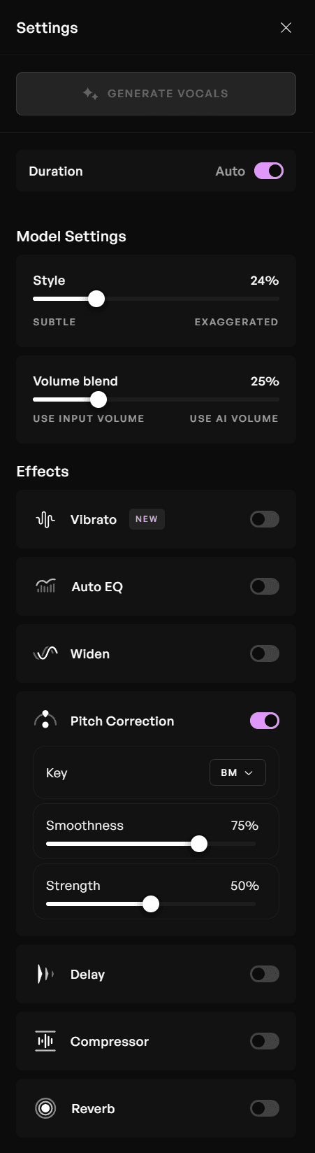 The Kits AI settings sidebar