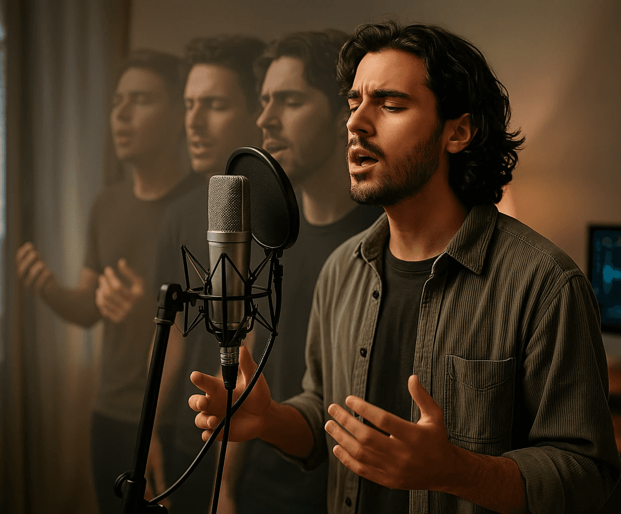 Man singing soulfully in a studio