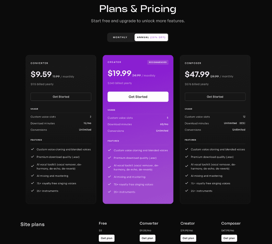 Kits AI pricing page
