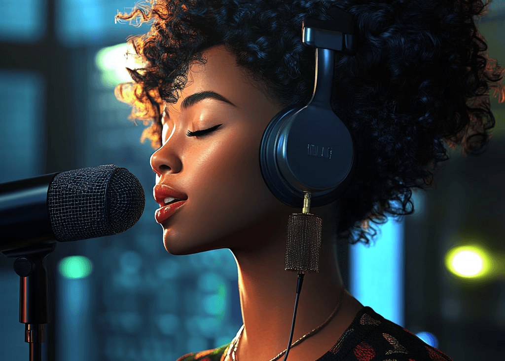 Woman recording vocals in studio.
