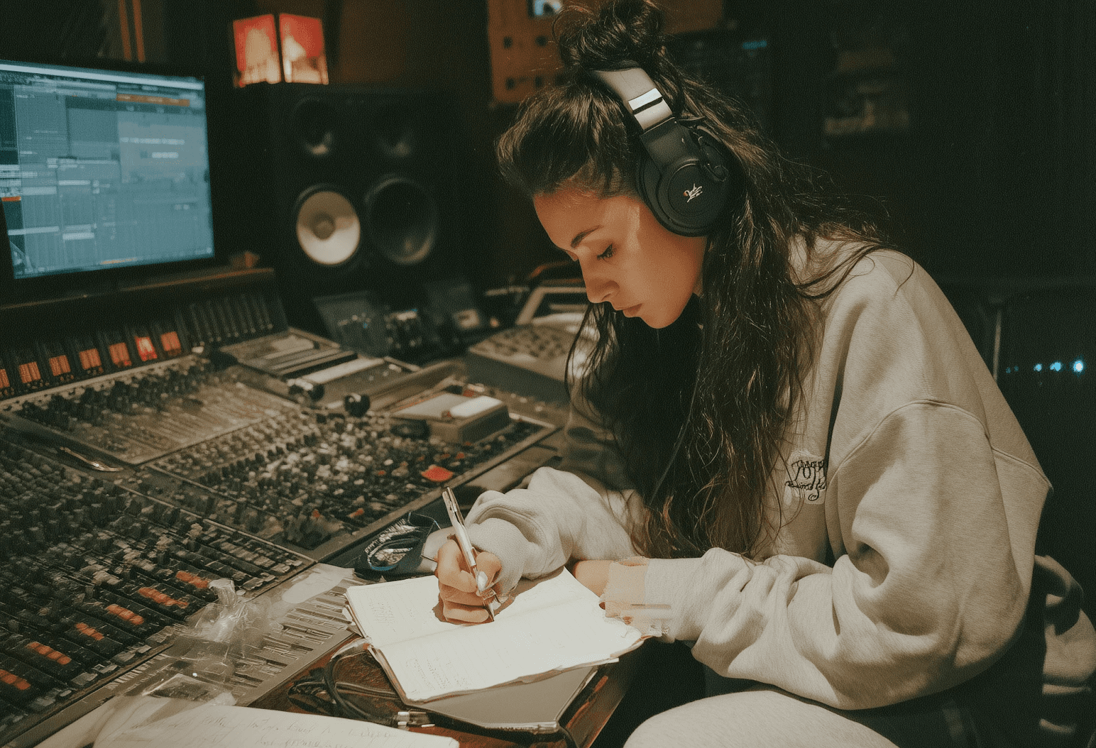 Woman writing lyrics in a studio