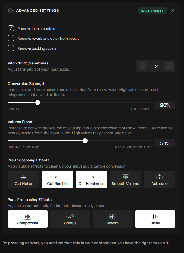 Advanced conversions settings unfurled