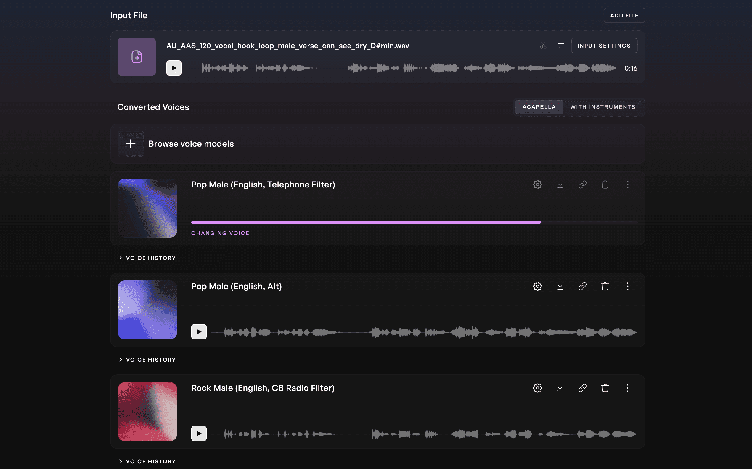 screenshot of the Kits Vocal Generator page