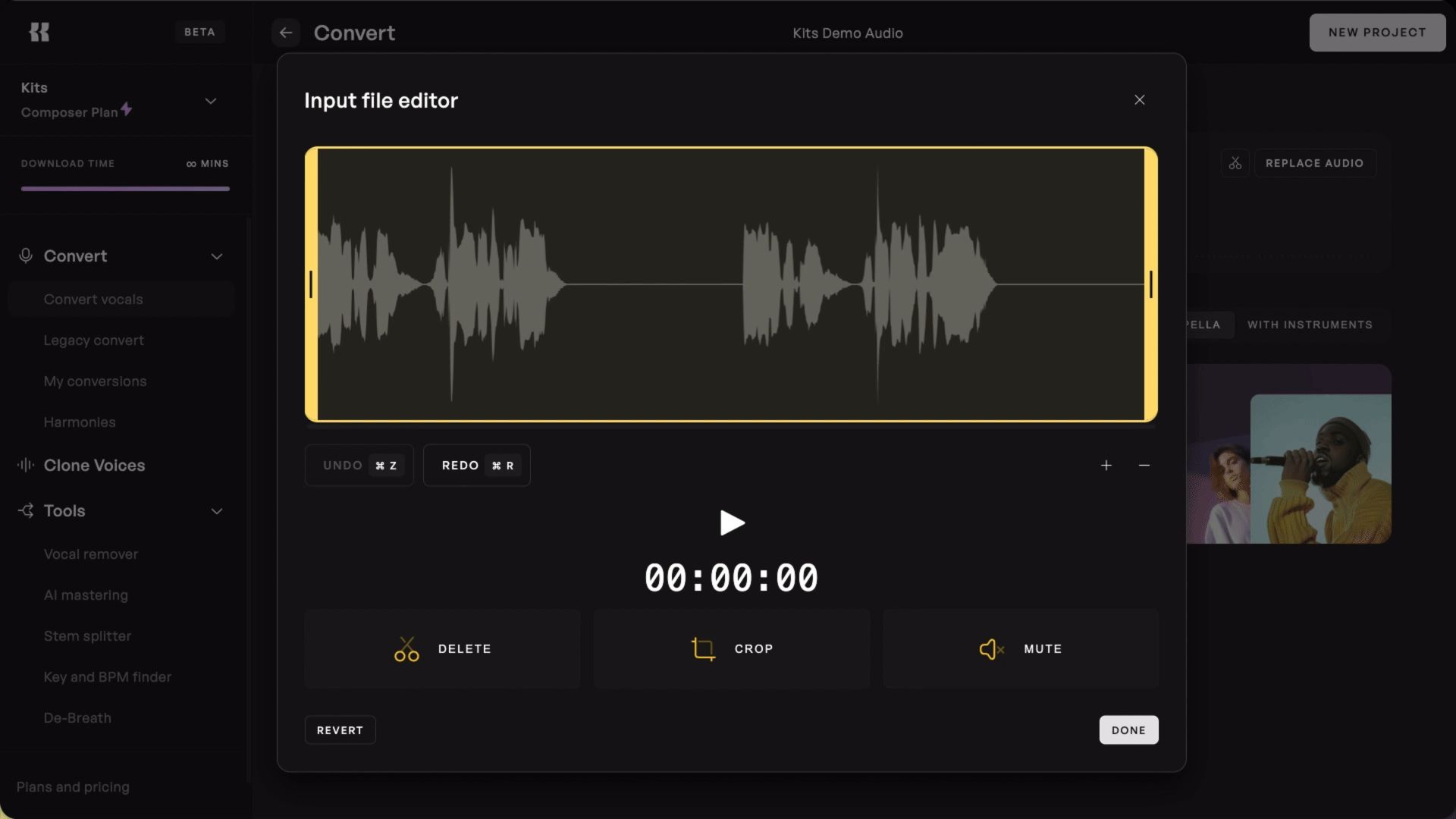 Cropping audio with the Kits AI Audio Cutting tool