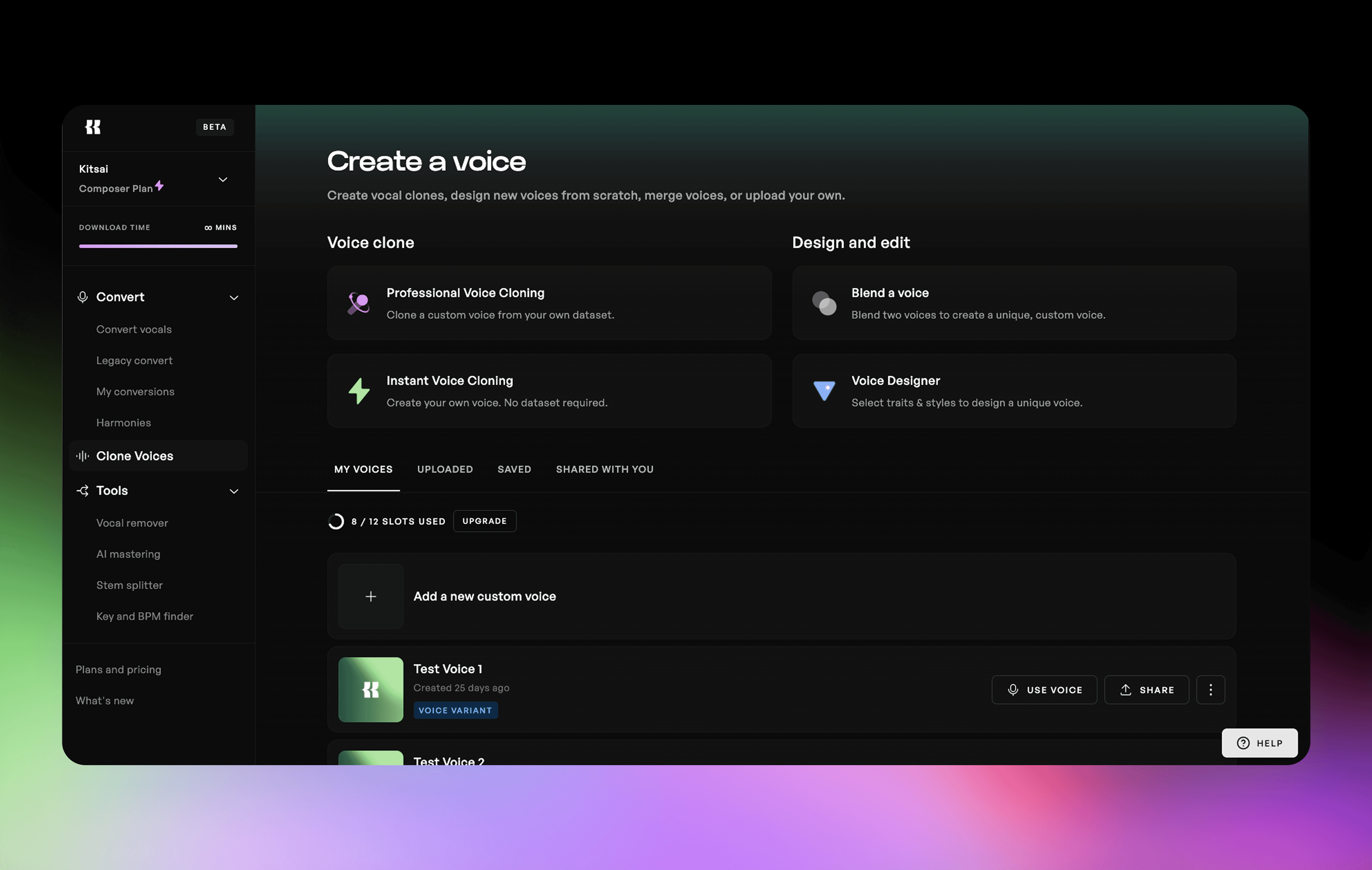 Redesigned  Voices page in Kits Studio, showing updated layout with Clone and Design options and new voice card styles