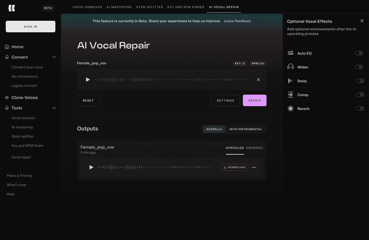 Repara voces de baja calidad con reparación vocal IA