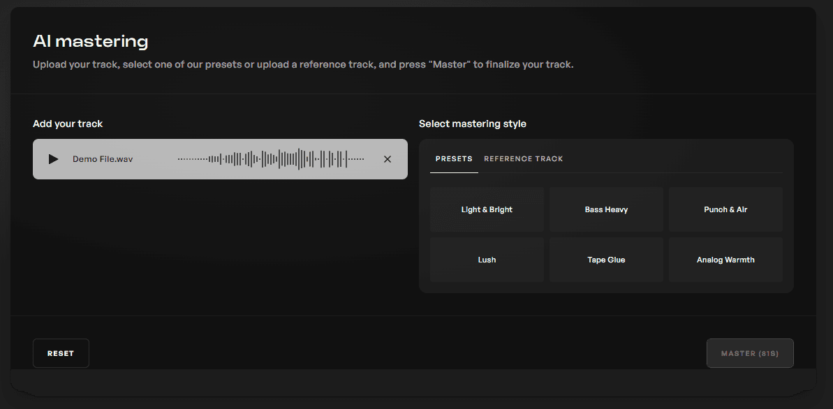 Audio file uploaded to the AI mastering page