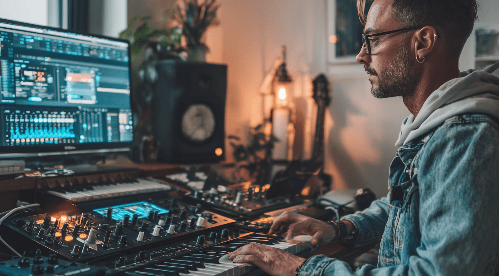 Man in a home studio setup with an open DAW and keyboard