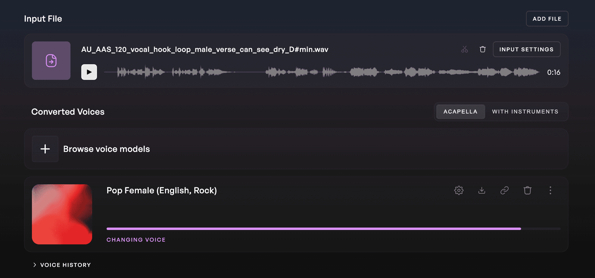 Kits AI voice conversion page with Female Rock/Pop voice selected